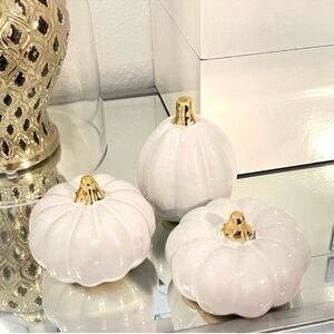 White Ceramic Autumn Pumpkins SET OF 3 Set With Gold Accent/Brand NEW In The Box